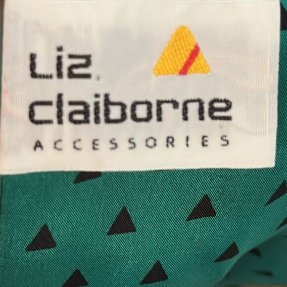 Vintage 80s Liz Claiborne Kelly Green & Black Triangles Long Skinny Silk Scarf - Picture 5 of 7